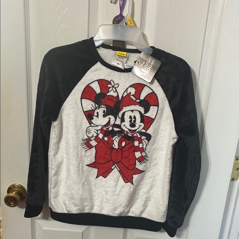 Disney Kids Mickey & Minnie Sweatshirt with beautiful candy cane bow graphic; XL